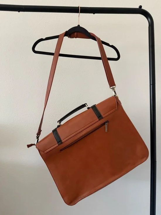 Ecosusi Vegan Leather Satchel Shoulder Bag Briefcase with Black Bow Accent - Tan - Picture 4 of 10